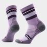 Pair of socks that are light purple and have dark purple stripes and grey accents.