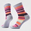 Colorful striped socks with gray toes and heels on a white background
