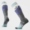 Pair of socks with blue and gray design on a white background