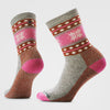Pair of patterned socks with pink and brown design on a white background