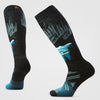 Black and blue patterned socks on a light gray background
