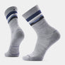 Light grey socks with navy blue, light blue and white accents.