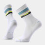 White socks that have light blue, tan, black and lime green accents.