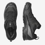 A Pair of black shoes with draw sting laces and grey accents against a white background.
