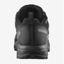 Back view of a black shoe that have a Salomon logo on the outer heel.