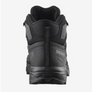 Back view of an all black shoe with a Salomon logo on the outside heel of the shoe against a white background.
