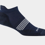 Navy ankle sock with white stripes on a light gray background
