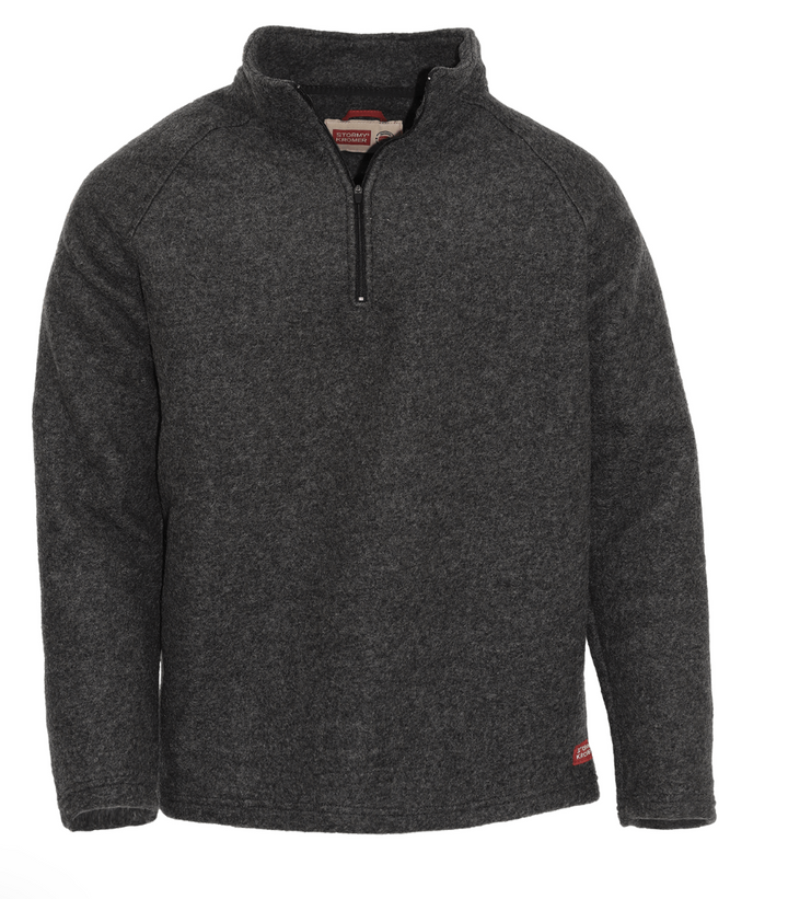 Dark gray pullover with a quarter-zip design on a white background