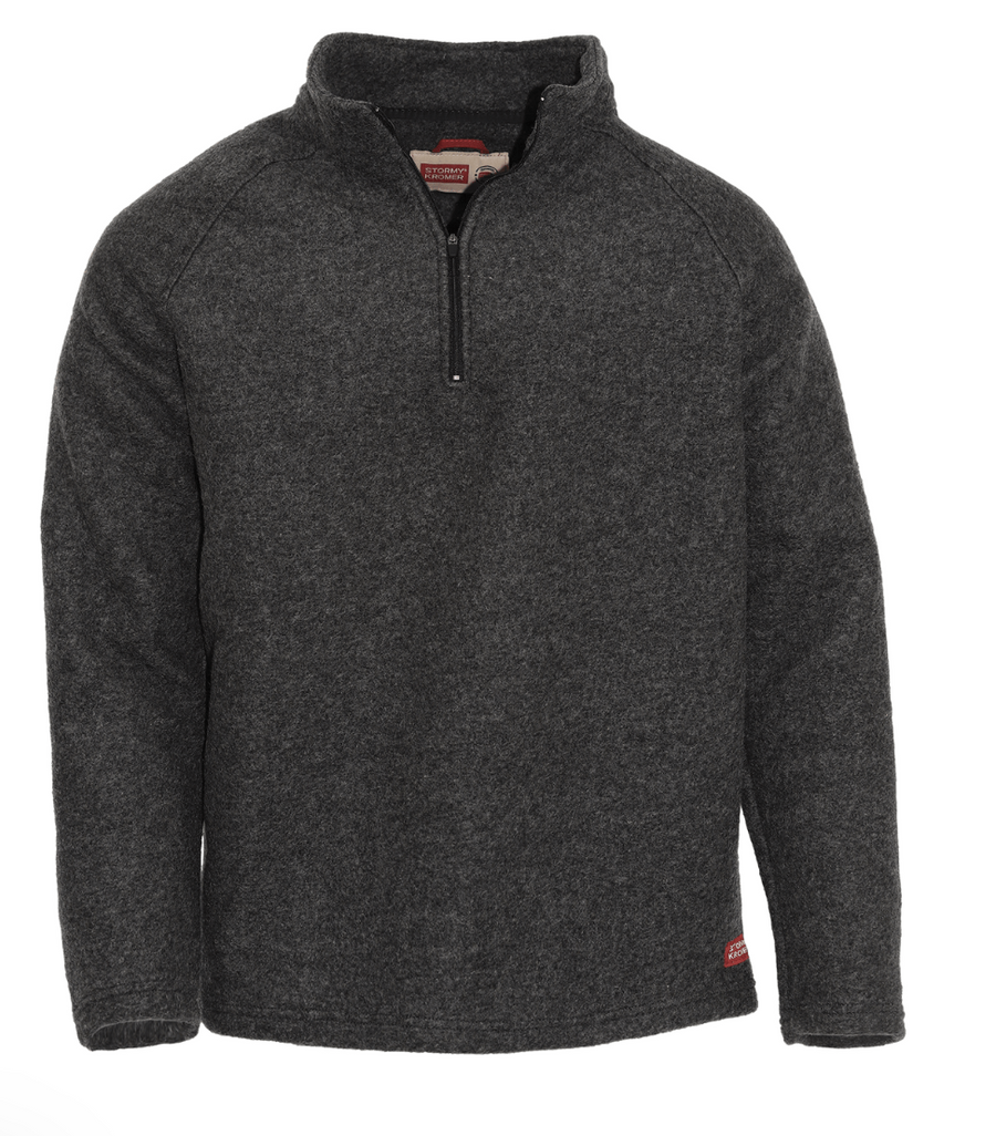 Dark gray pullover with a quarter-zip design on a white background
