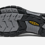 The sole of a shoe that is grey and black with the Keen logo in yellow in the middle against a white background.