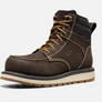 Dark brown boot with yellow laces and a tan sole against a white background.