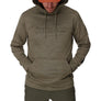 Person wearing a brown hoodie with Simms branding on a white background