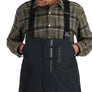 Man wearing a plaid shirt and black Simms fishing bib overalls on a white background