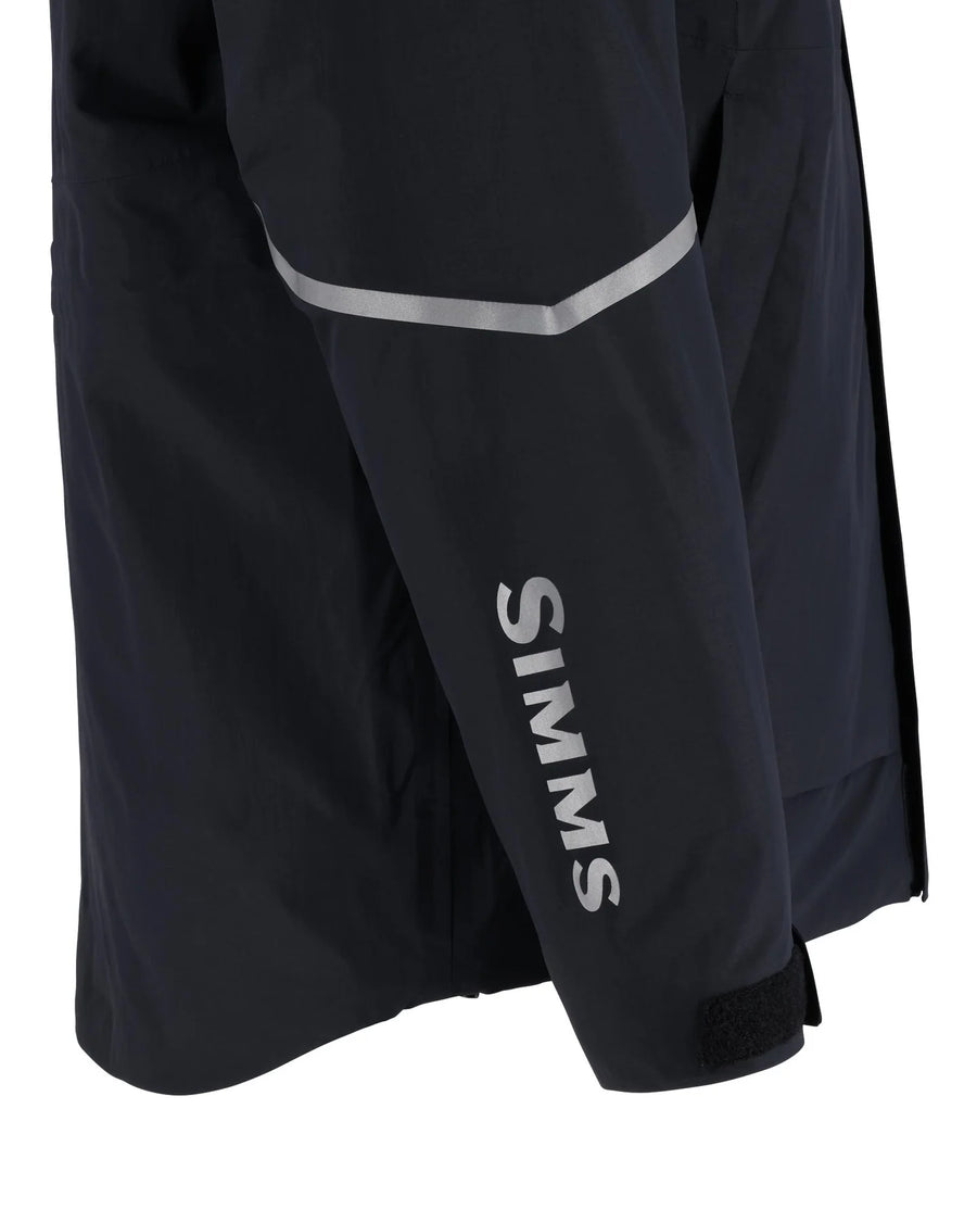 Black jacket with 'Simms' branding on a white background