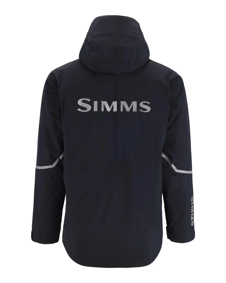 Black jacket with 'Simms' branding on the back against a white background