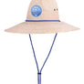 Beige sun hat with blue strap and logo on a white background