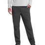 Person wearing gray pants and a light gray jacket on a white background