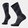Black socks that have light grey accents all over the sock against a white backgorund.