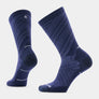 Dark blue socks that have light blue accents all over the sock against a white background.