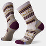 Light purple sock that has dark purple, mustard yellow and blue accents.