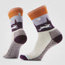 Pair of socks with nature-themed design on a white background