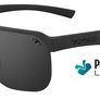 A pair of sunglasses that are all black with the Tifosi logo on the side against a white background that says Polarized Lenses on the bottom right side. 