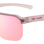 A pair of sunglasses that are all pink. The frame is a frosted pink color and the lenses are a pink mirror lens. It has a pink Tifosi logo on the side arm against a white background.
