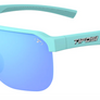 Pair of sunglasses with blue lens and a light blue colored frame with the Tifosi logo on the side against a white background