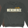 Dark grey crewneck sweatshirt that says Up North Menominee in a cream and yellow color on the front of the sweatshirt.