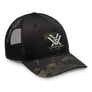 Black and camo hat that is solid in the front mesh in that back and has camo print on the brim with a camo Vortex logo patch on the front against a white background.