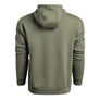 Back view of a green hoody against a white background. 