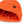 Bright orange hat with a brown tag on the flipped up part of the hat against a white background.