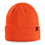 Bright orange hat with a small brown tag on the flipped up portion of the hat against a white background.