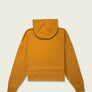 Back view of a mustard yellow hoodie that is cropped against a white background.