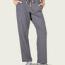 Person wearing dark grey sweatpants that has a tan and yellow draw string.