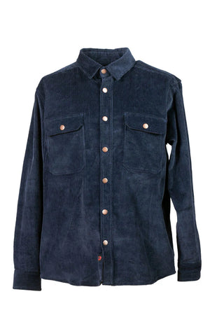 Navy blue corduroy shirt with button details on a white background