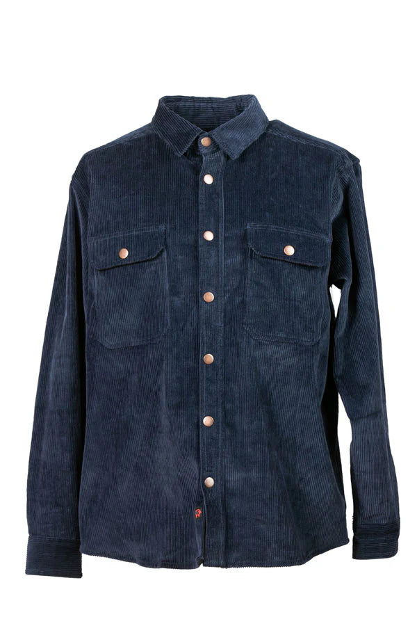Navy blue corduroy shirt with button details on a white background