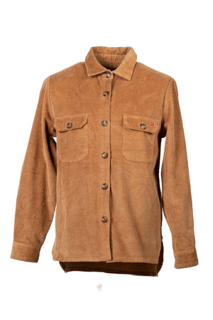Brown corduroy shirt with button details on a white background