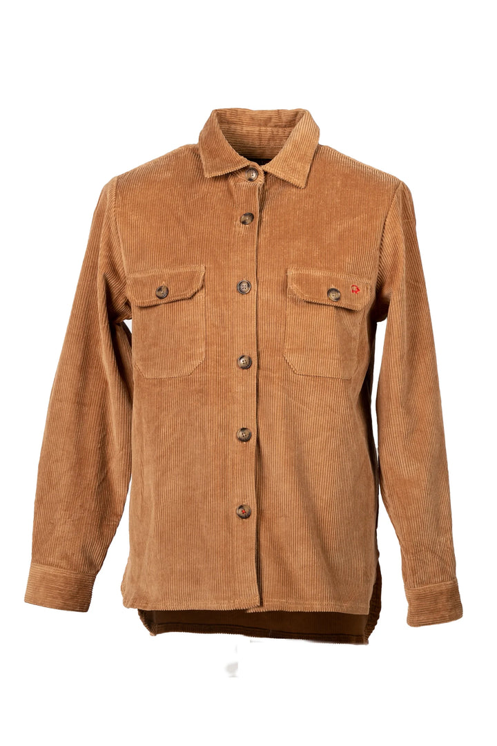Brown corduroy shirt with button details on a white background