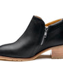 Black shoes with a silver zipper and a wooden heel against a white background.