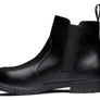 Side view of a black boot against a white background.