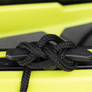 Rope tied around a lime green kayak cleat