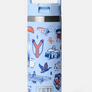 Light blue Yeti bottle with a straw lid that has camping and nature pictures all over it with a Yeti logo at the base of the bottle against a white background.