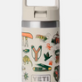 Tan Yeti bottle with a straw lid with camping and nature pictures all over it against a white background.
