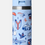 Light blue Yeti water bottle with a straw cap and camping images all over against a white background.