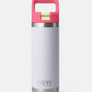 Pale purple bottle with a pink and lime green lid.