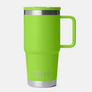 Bright green mug that has silver accents against a white background.
