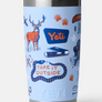 Light blue tumbler with camping related imagines all over against a white background.