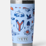 Light blue tumbler with camping, fishing and nature imagines all of over it, against a white background.