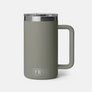 Dark green mug that has Yeti etched on the bottom of the mug.